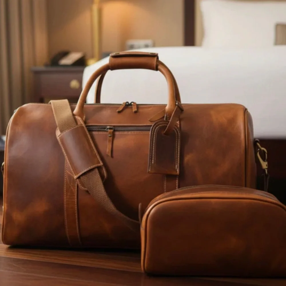 New Aaron Leather Goods Travel Duffle Bag and Toiletry bag